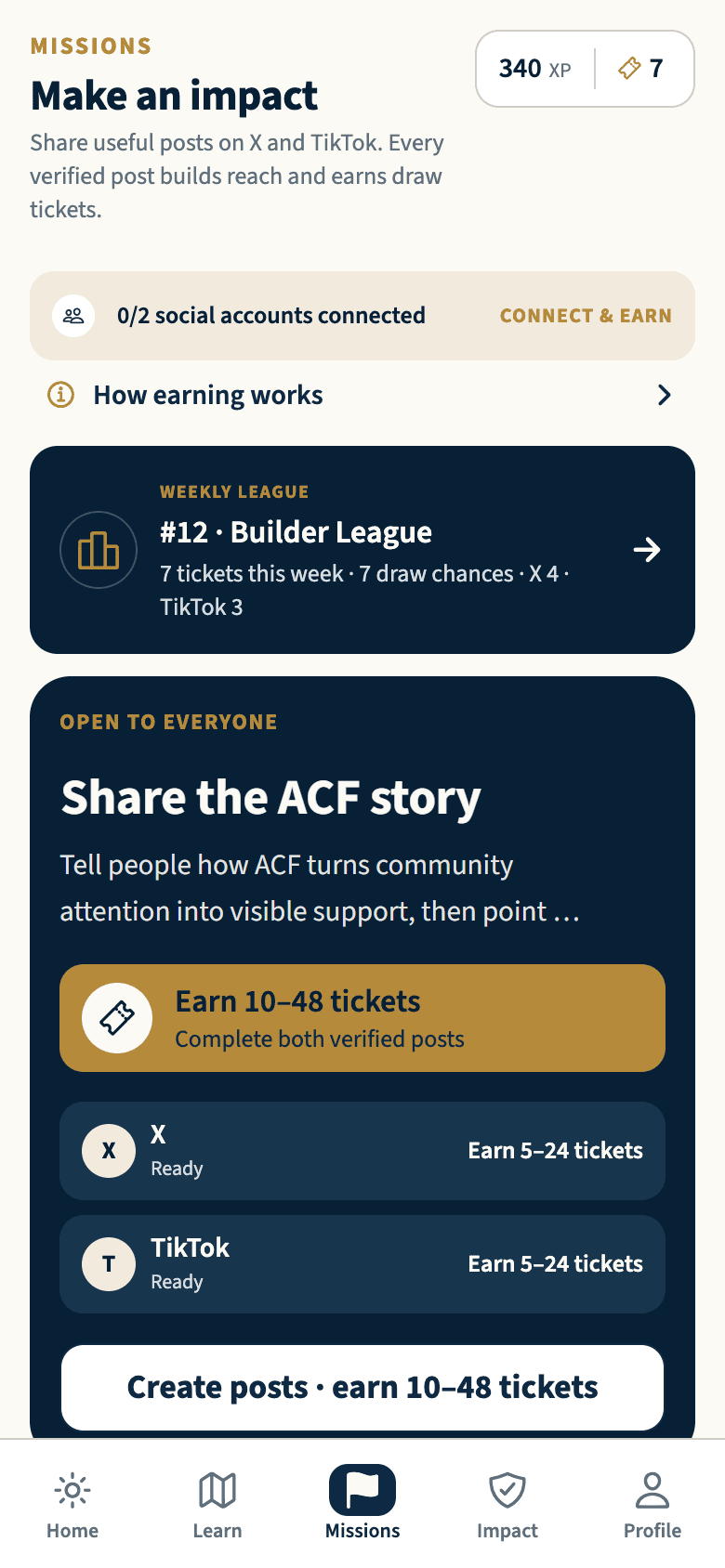 American Children Fund community missions with XP, draw-entry count, and weekly league position