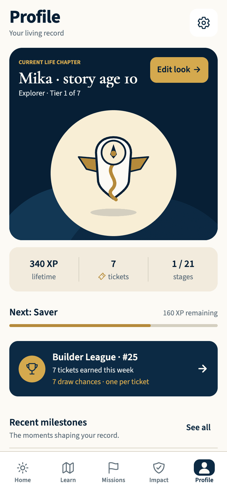 American Children Fund profile showing 340 lifetime XP, seven draw tickets, and illustrative league rank 25
